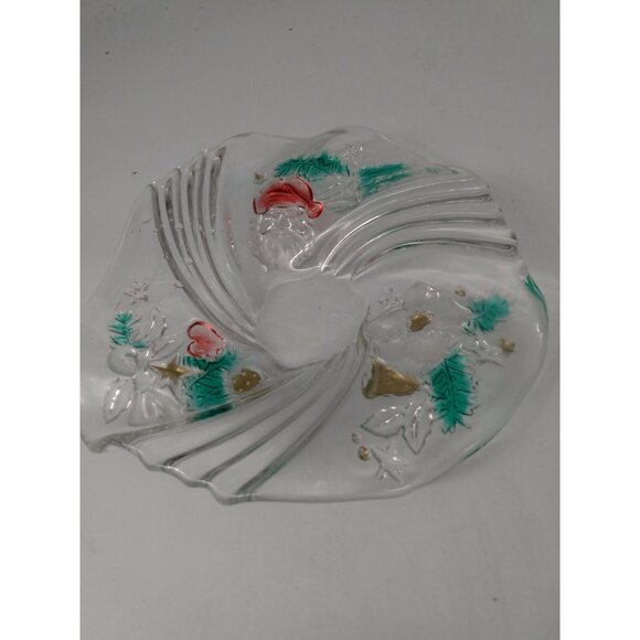 Clear Glass Christmas Candy Bowl/Platter with etched Santa & Florals 9" Diameter - Picture 4 of 11
